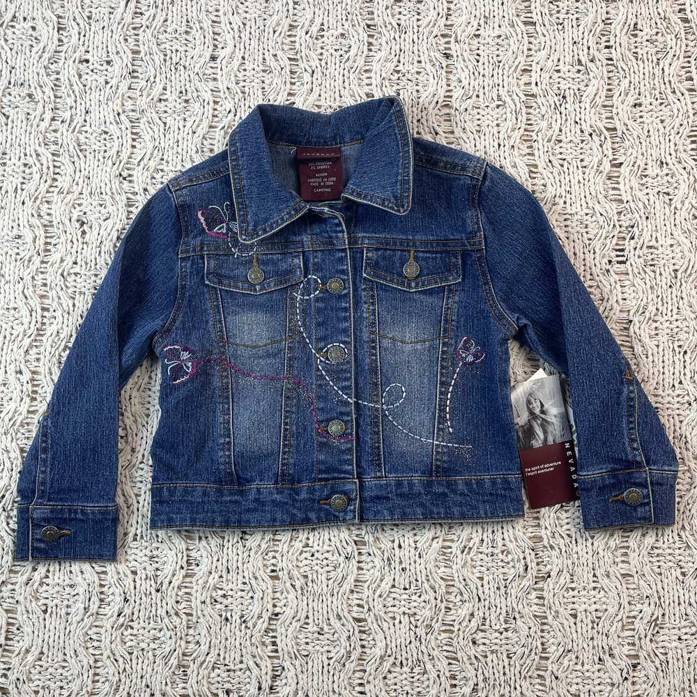 Y2K Nevada Line Denim Jacket Kids 7 Medium Blue Wash Chest Flap Pockets NEW